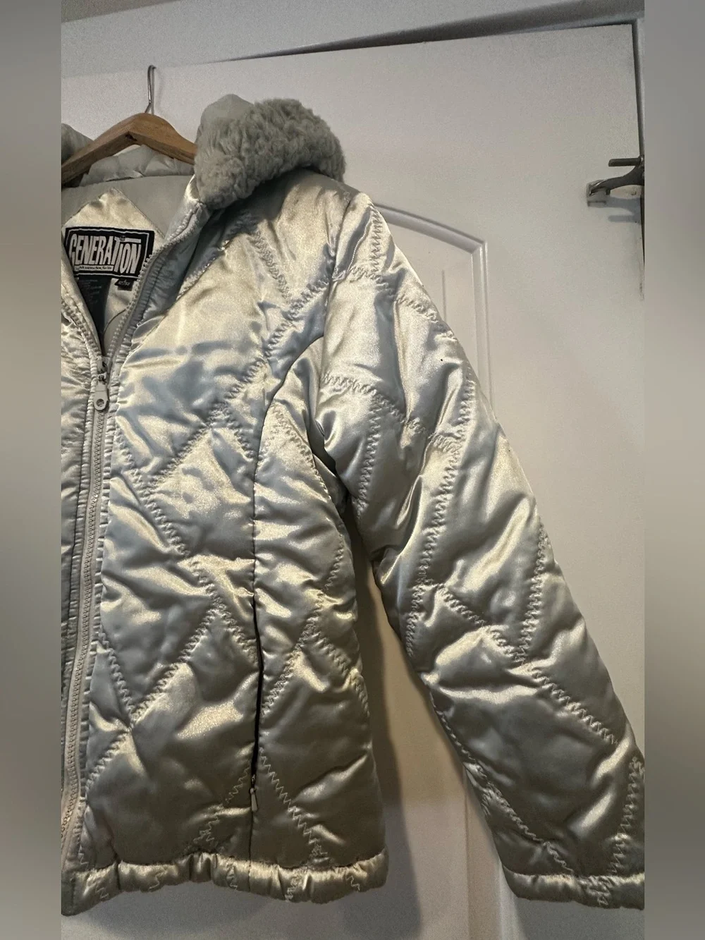 GENERATION Y Shimmery Silver Quilted Puffer with Faux Fur Trim